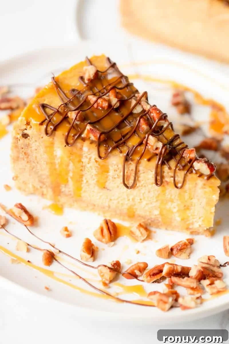Turtle-Topped Pumpkin Cheesecake Recipe 2 Turtle Pumpkin Cheesecake drizzled with chocolate and caramel and topped with chopped pecans.