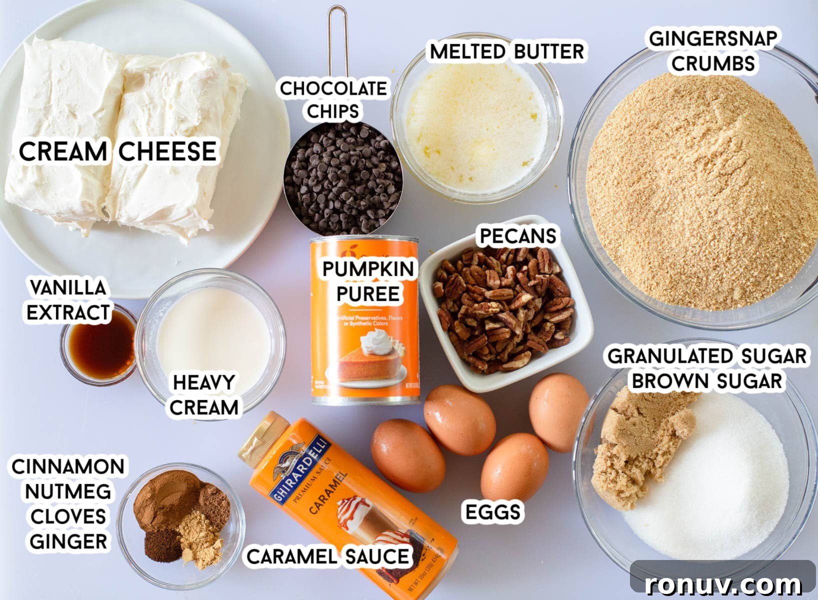 Turtle-Topped Pumpkin Cheesecake Recipe 3 Ingredients for Turtle Pumpkin Cheesecake laid out on a counter.