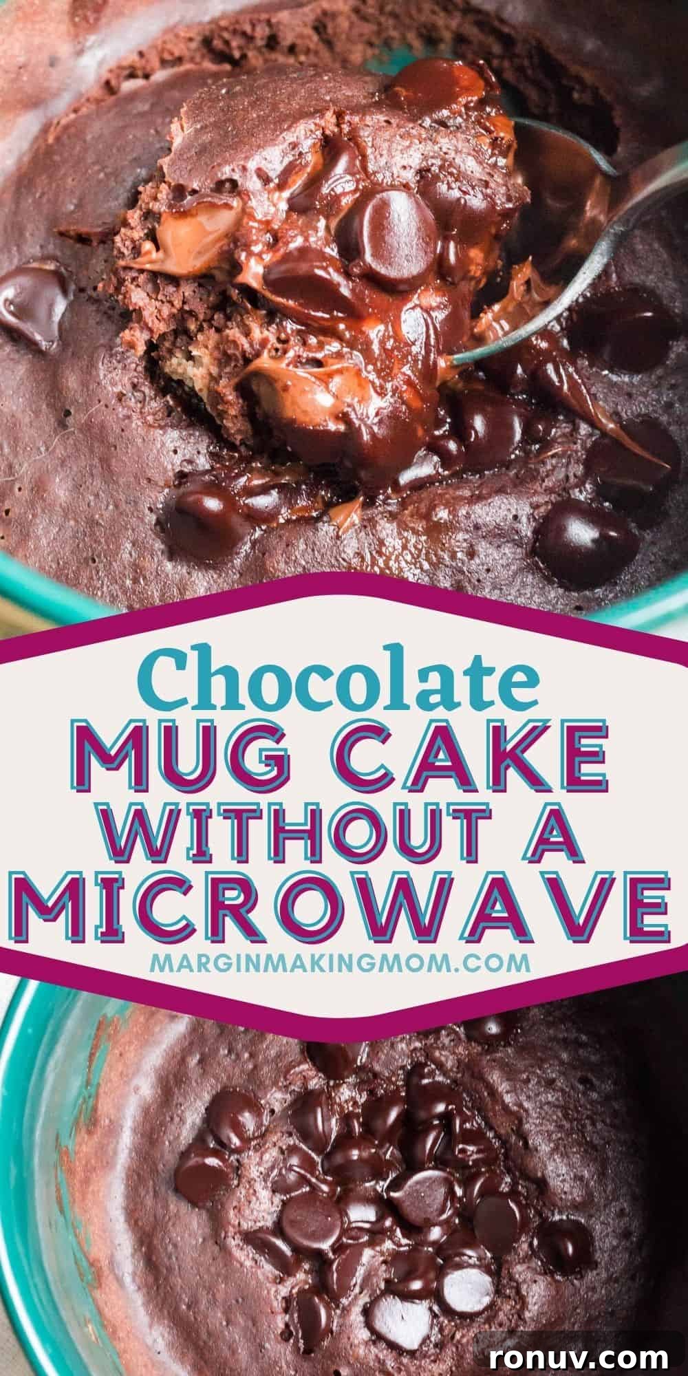 Instant Pot Single-Serve Chocolate Mug Cake 11 collage image featuring two photos--one of a chocolate mug cake cooked without a microwave, fresh out of the Instant Pot, and the other is the cake with a spoon inserted in it.