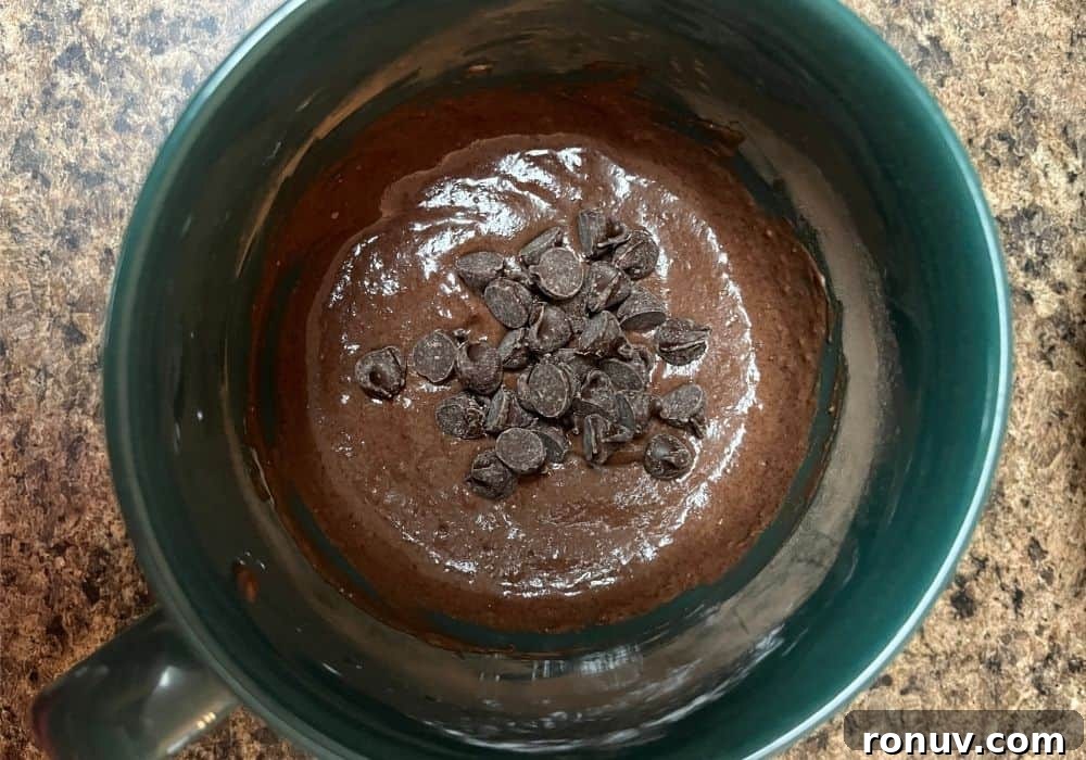 Instant Pot Single-Serve Chocolate Mug Cake 6 cake batter mixed together and sprinkled with chocolate chips