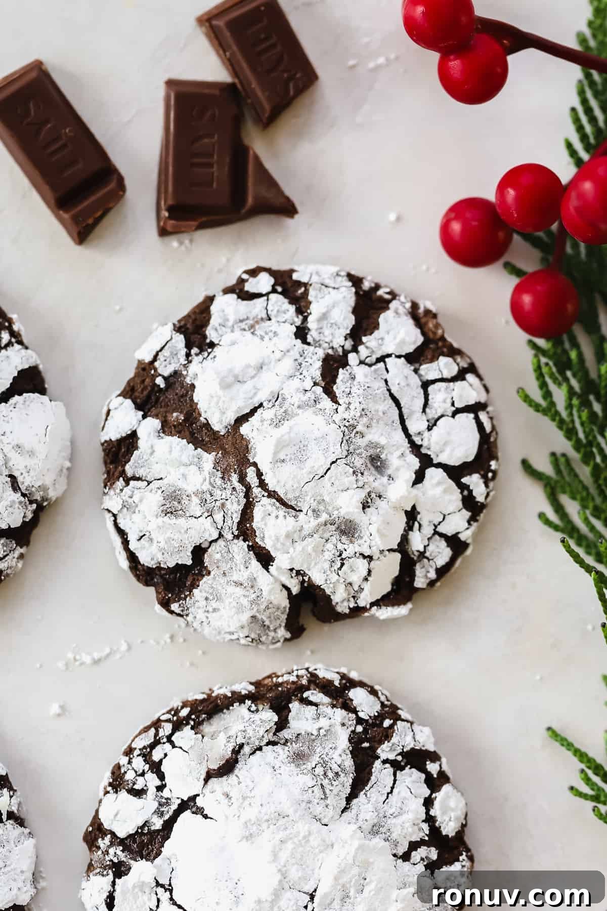It's the most wonderful time of year to make Crinkle Cookies! These chocolate Christmas cookies are ooey-gooey on the inside and coated with powdered sugar on the outside. crinkle cookie on plate
