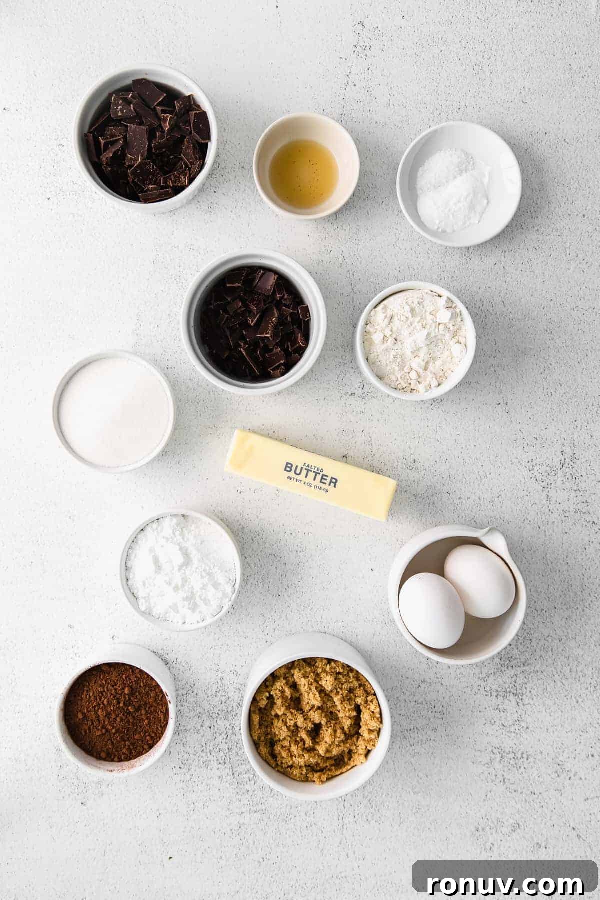 Ingredients for Chocolate Crinkle Cookies ingredients on countertop