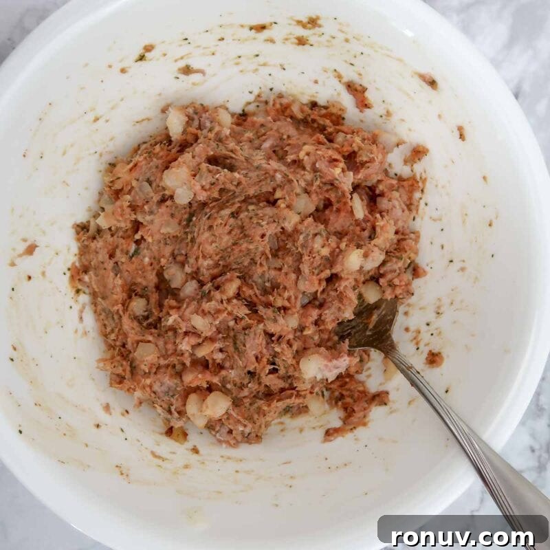 Thai Turkey Burgers with Sweet Chili Glaze 7 Overhead view of burger process shot 2 - mix the ingredients well.