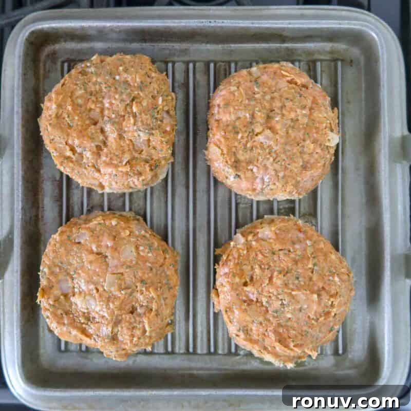 Thai Turkey Burgers with Sweet Chili Glaze 9 Overhead view of burger process shot 4 - place the patties on the grill and cook for about 4 minutes on each side.