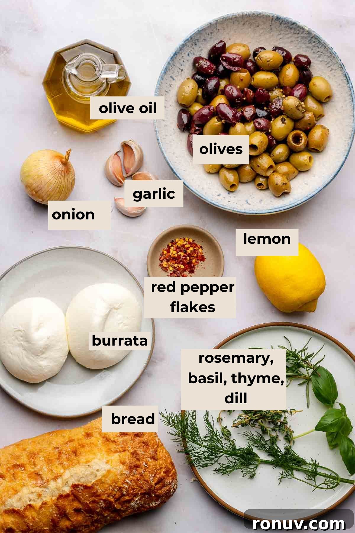 Herb Roasted Olives with Burrata Recipe 3 Ingredients for roasted olives.