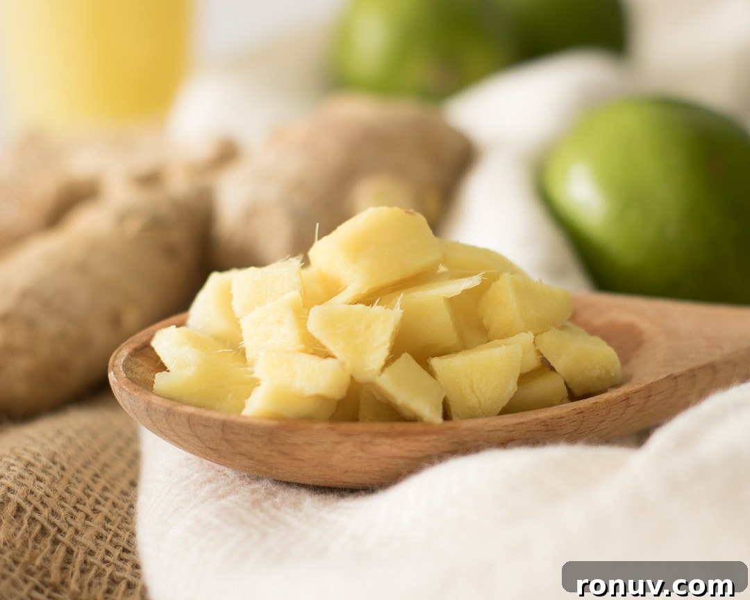 Iced Ginger Tea with Honey Recipe 3 A wooden spoon with ginger cubes.