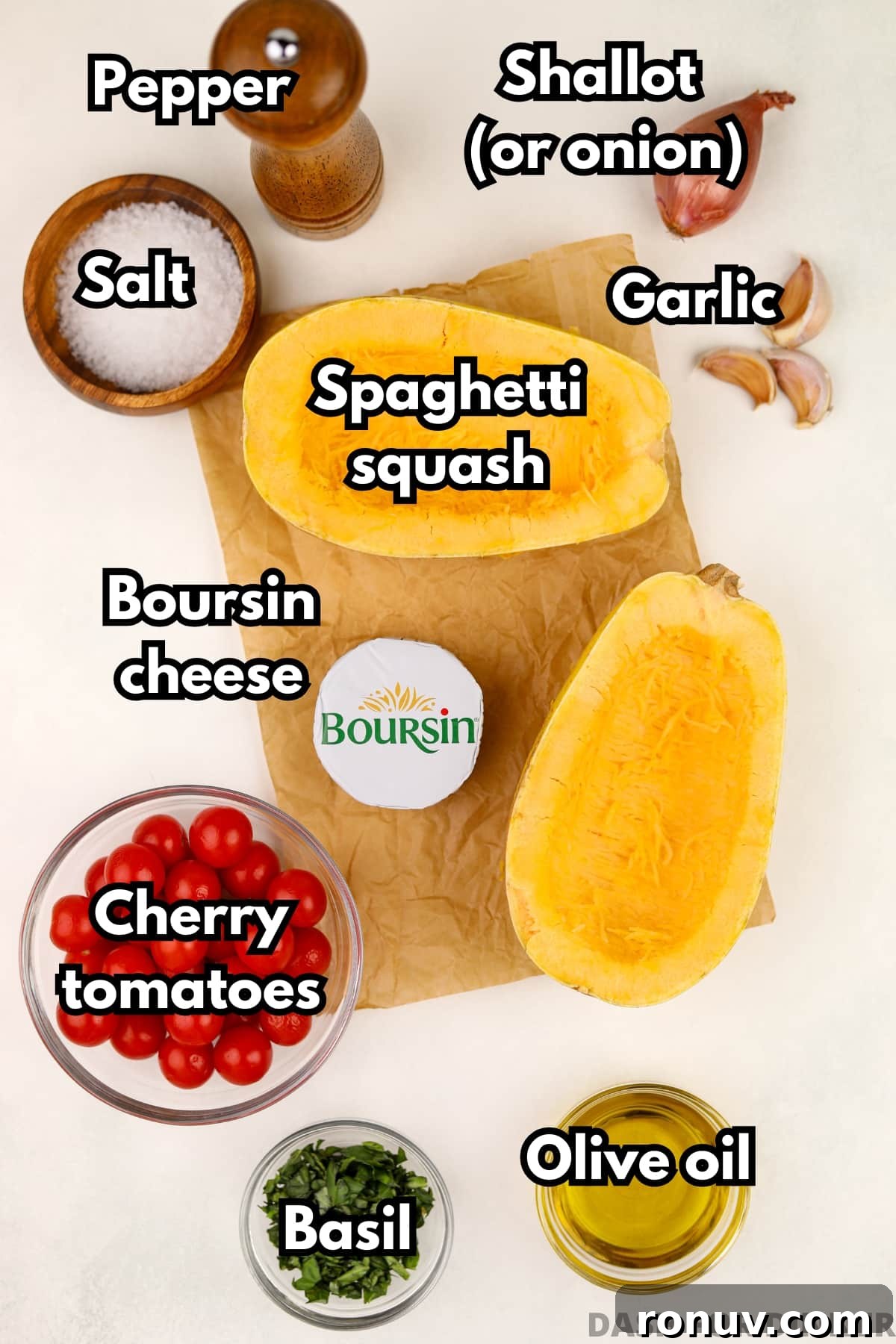 Creamy Boursin Spaghetti Squash Recipe 3 The ingredients needed to make Boursin stuffed spaghetti squash, including tomatoes, basil, olive oil, salt, and pepper.