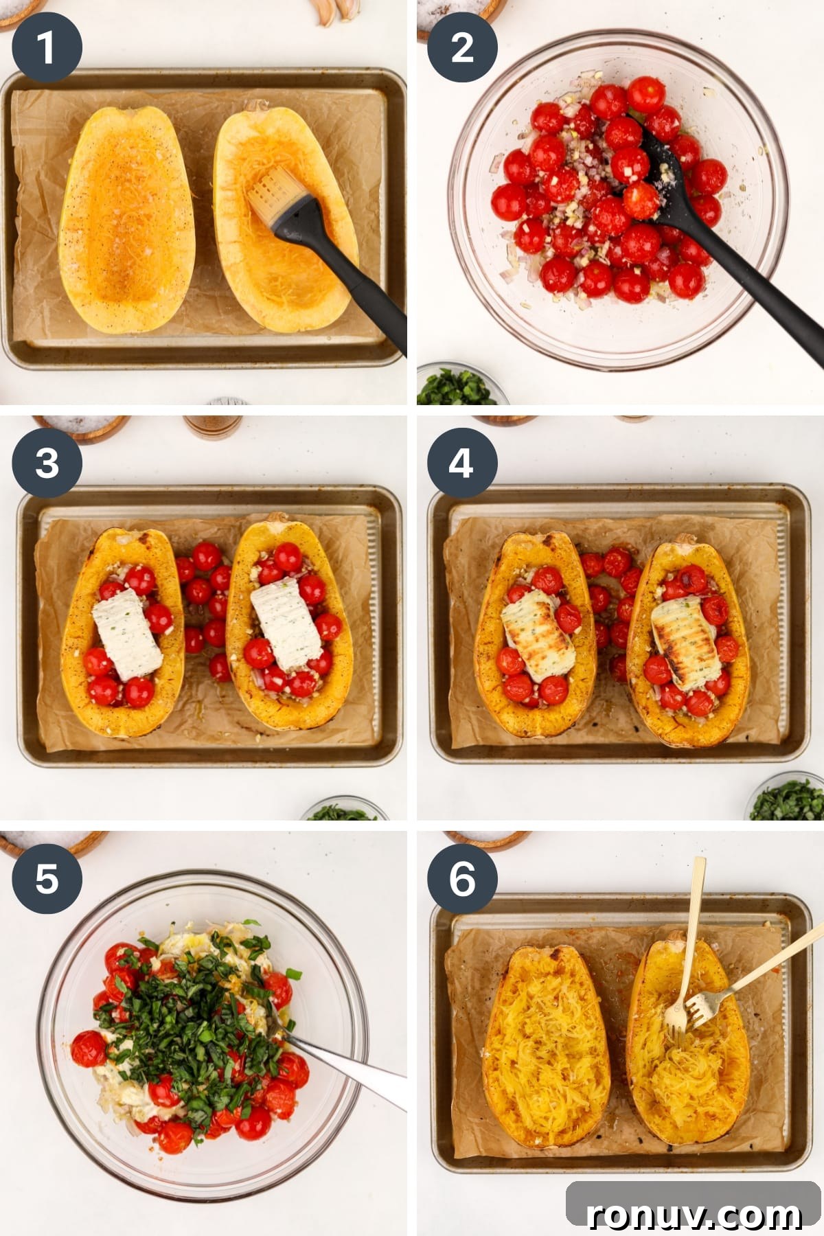 Creamy Boursin Spaghetti Squash Recipe 4 Stuffing two spaghetti squash halves with tomatoes and Boursin cheese.