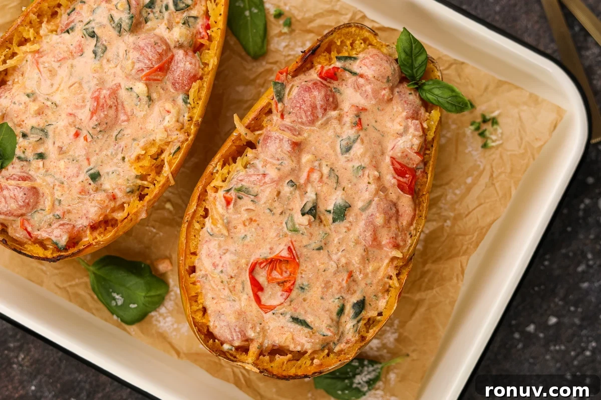 Creamy Boursin Spaghetti Squash Recipe 7 Half of a squash filled with a tomato, basil, and Boursin cheese sauce.