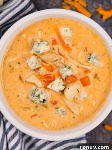 Creamy Boursin Spaghetti Squash Recipe 10 A bowl of buffalo chicken soup topped with blue cheese crumbles.