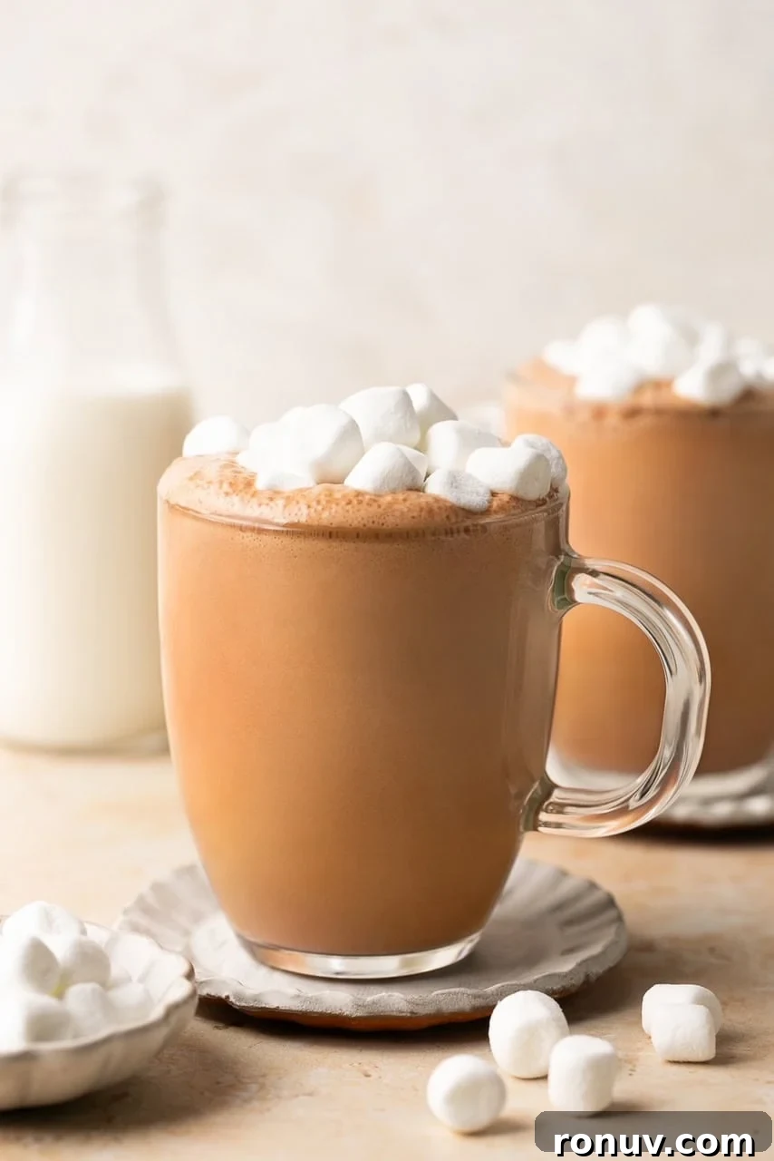 bone broth hot chocolate in a glass mug topped with marshmallows