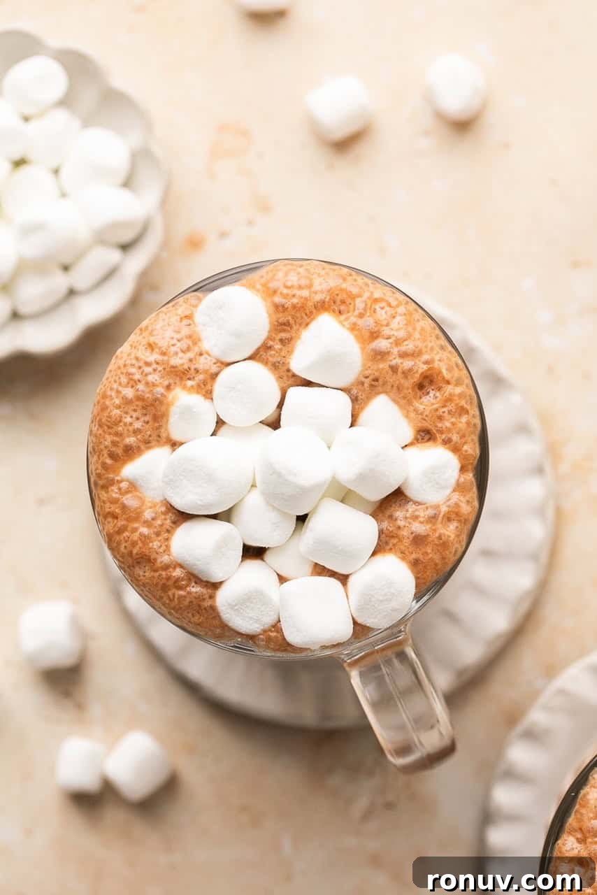 an overhead shot of bone broth hot chocolate in a glass mug topped with marshmallows 