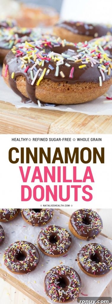 Chocolate covered Cinnamon Vanilla Donuts are perfect quick dessert or breakfast. These delicious donuts are made with all HEALTHY ingredients - whole grain and refined sugar-free, baked in the oven without added fat. #donuts #breakfast #sugarfree #healthyrecipes