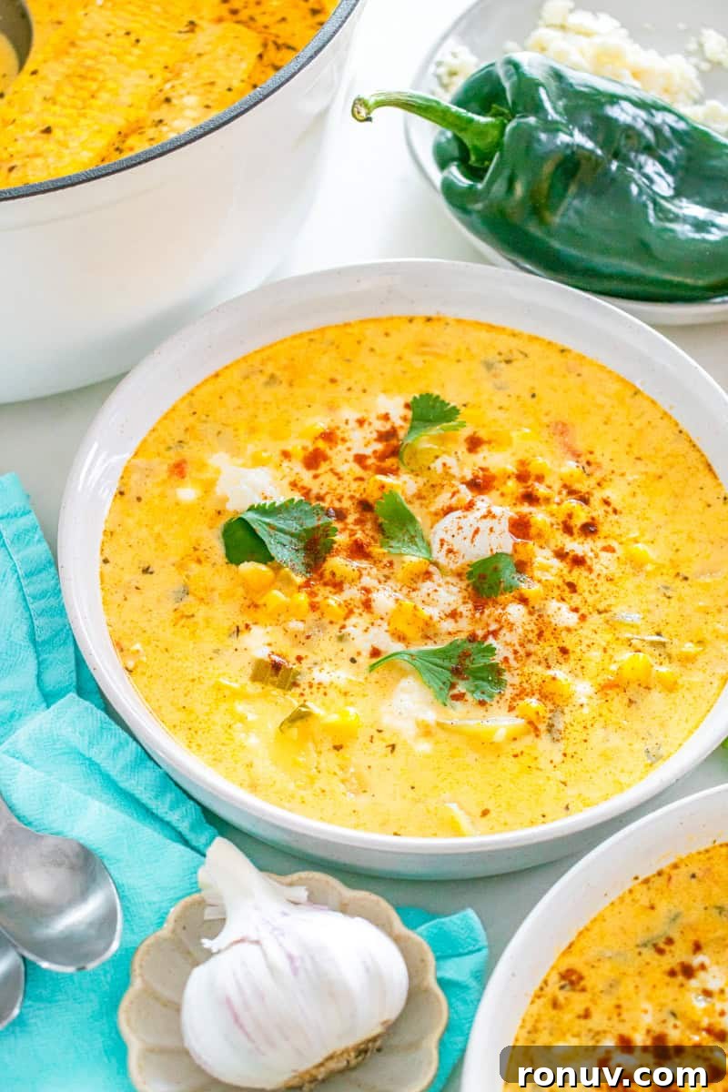 Creamy Mexican Street Corn Chowder Recipe with Cotija 2 a bowl of Mexican street corn chowder topped with Mexican crema, cilantro, and chili powder.