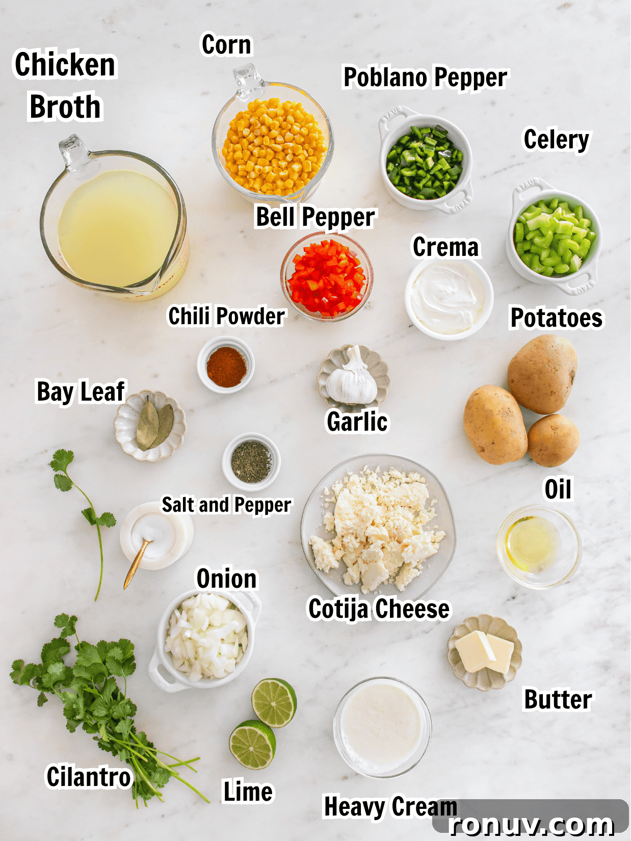 Creamy Mexican Street Corn Chowder Recipe with Cotija 3 ingredients including corn, broth, heavy cream, lime, cotija cheese, potatoes, onion, cilantro, and crema.