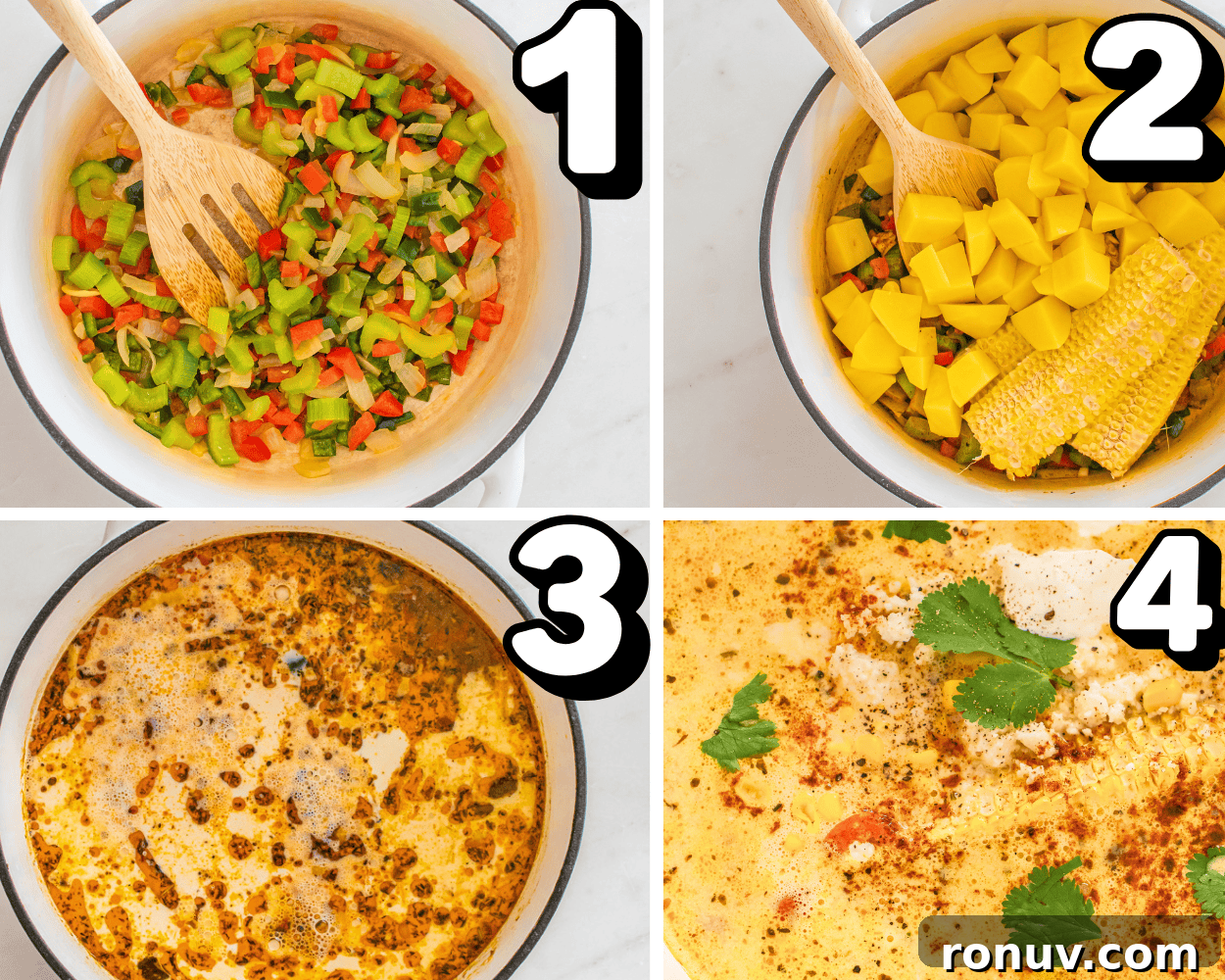 Creamy Mexican Street Corn Chowder Recipe with Cotija 4 a 4 image collage showing how to sauté veggies, add potatoes, corn cobs, seasonings and garnish to corn chowder.