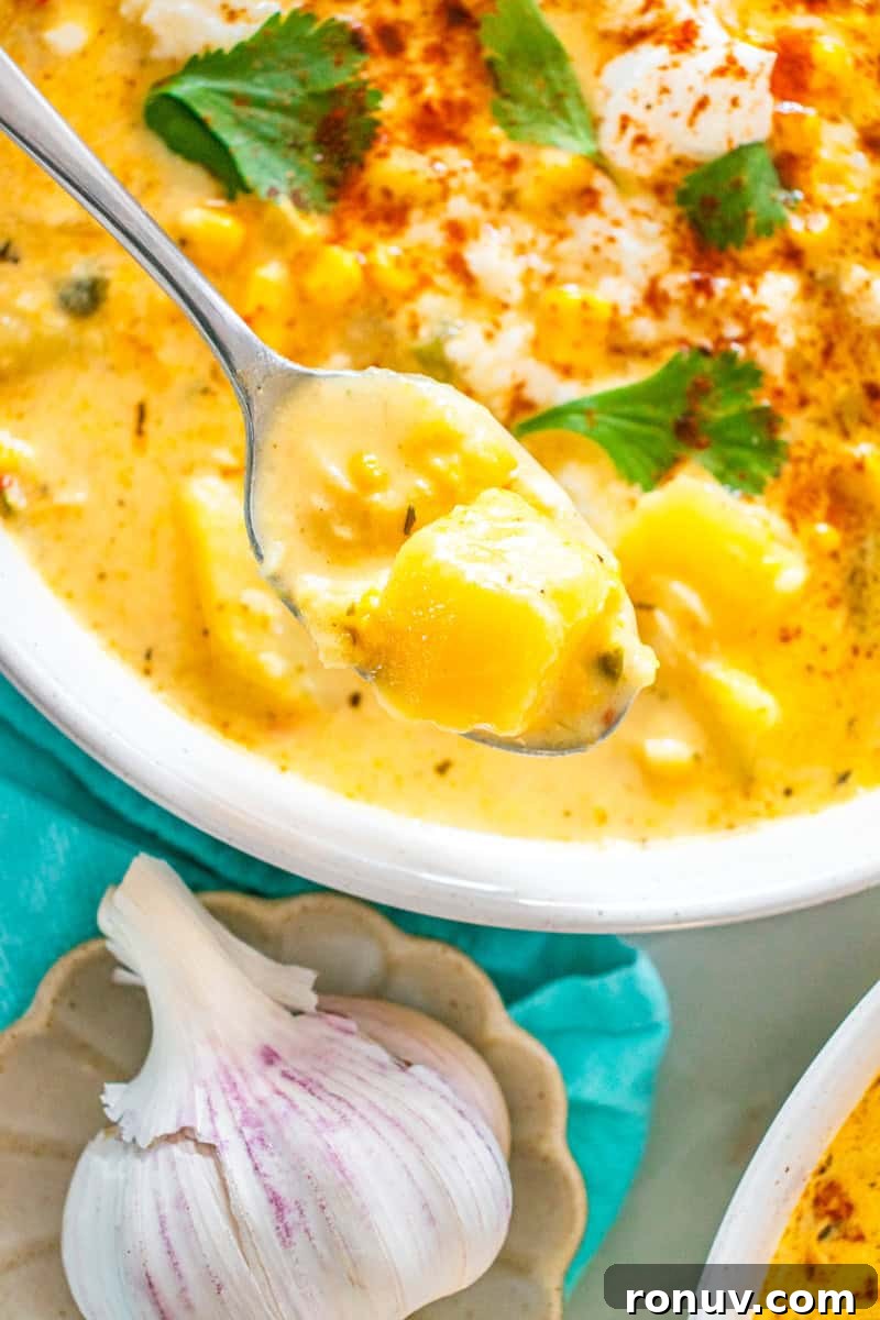 Creamy Mexican Street Corn Chowder Recipe with Cotija 5 a spoon with street corn chowder with potatoes and corn.