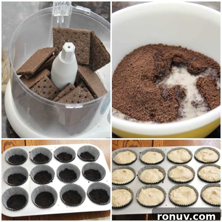 Mini Buckeye Cheesecake Bites Recipe 4 peanut butter cheesecakes in pan before cooking