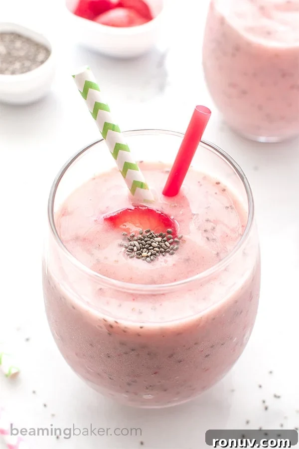 Strawberry Chia Seed Smoothie (V+GF): A cool, refreshing and super thick strawberry smoothie that tastes just like a strawberry fruit popsicle! BeamingBaker.com #Vegan #GlutenFree Strawberry Chia Seed Smoothie (V+GF): A cool, refreshing and super thick strawberry smoothie that tastes just like a strawberry fruit popsicle! BeamingBaker.com #Vegan #GlutenFree
