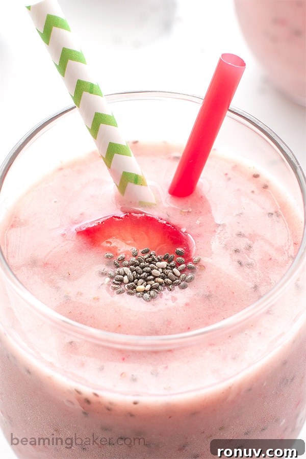 Strawberry Chia Seed Smoothie (V+GF): A cool, refreshing and super thick strawberry smoothie that tastes just like a strawberry fruit popsicle! BeamingBaker.com #Vegan #GlutenFree Strawberry Chia Seed Smoothie (V+GF): A cool, refreshing and super thick strawberry smoothie that tastes just like a strawberry fruit popsicle! BeamingBaker.com #Vegan #GlutenFree