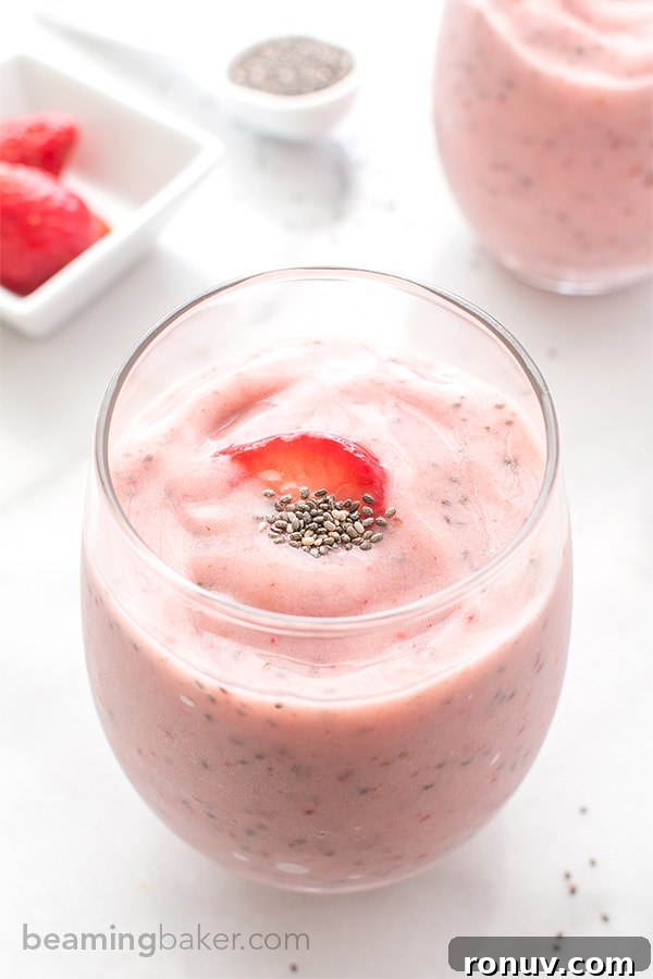 Strawberry Chia Seed Smoothie (V+GF): A cool, refreshing and super thick strawberry smoothie that tastes just like a strawberry fruit popsicle! BeamingBaker.com #Vegan #GlutenFree Strawberry Chia Seed Smoothie (V+GF): A cool, refreshing and super thick strawberry smoothie that tastes just like a strawberry fruit popsicle! BeamingBaker.com #Vegan #GlutenFree