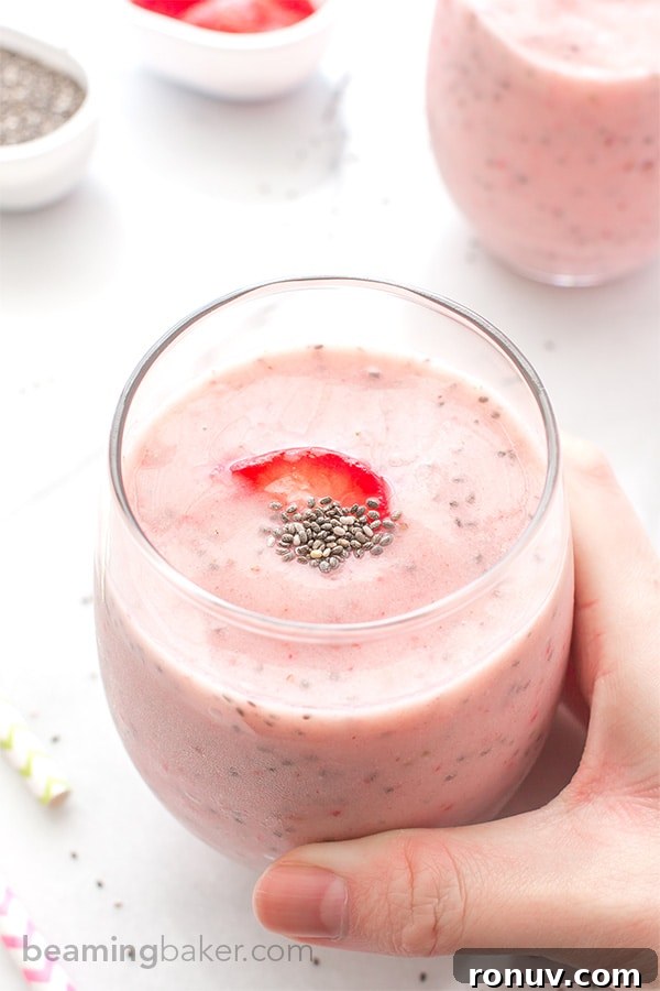 Creamy Vegan Gluten-Free Strawberry Chia Smoothie Recipe 3 Strawberry Chia Seed Smoothie (V+GF): A cool, refreshing and super thick strawberry smoothie that tastes just like a strawberry fruit popsicle! BeamingBaker.com #Vegan #GlutenFree