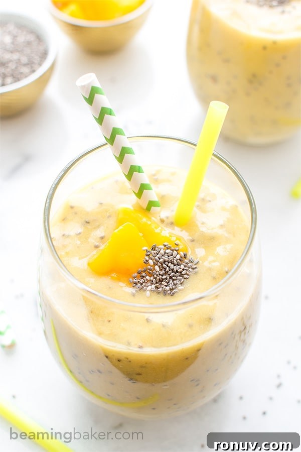 Creamy Vegan Gluten-Free Strawberry Chia Smoothie Recipe 4 Mango Chia Seed Smoothie: An easy recipe for a refreshing and delicious Mango Chia Seed Smoothie. BEAMINGBAKER.COM #Vegan #GlutenFree
