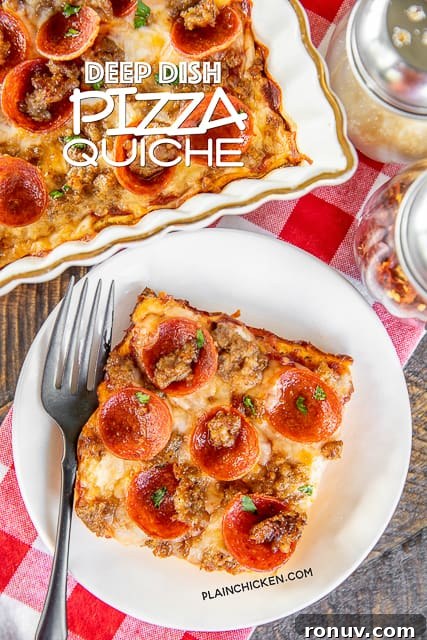 Low Carb Deep Dish Pizza Quiche slice of pizza quiche on a plate