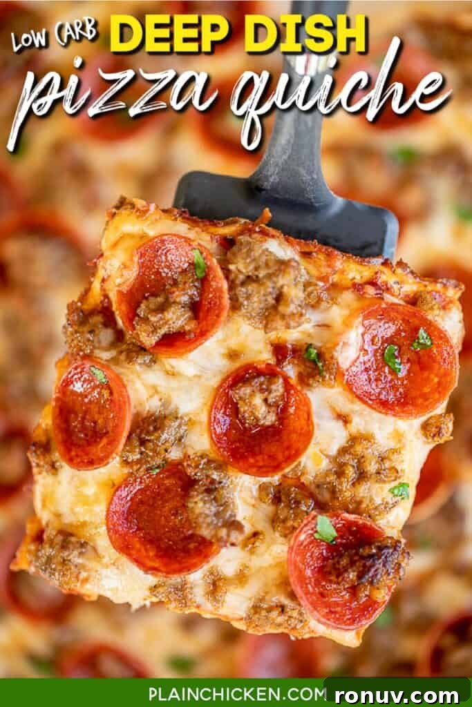 Keto Deep Dish Pizza Quiche Recipe 3 slice of pepperoni pizza quiche on a spatula
