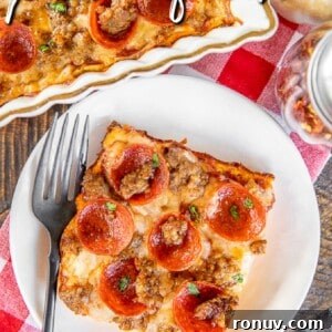 slice of pepperoni pizza quiche on a plate