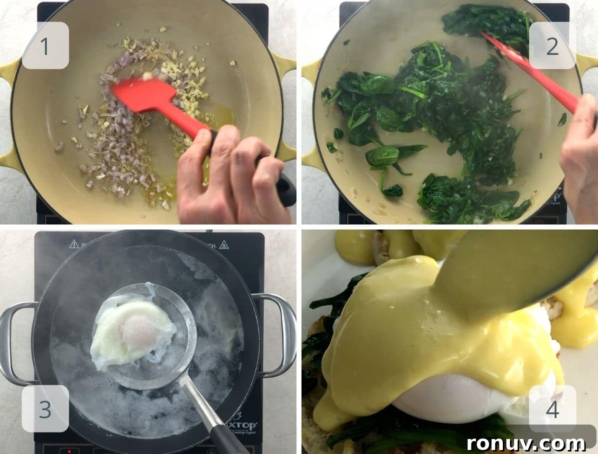Carluccio's London-Style Eggs Florentine Recipe 4 cooking spinach and poaching eggs