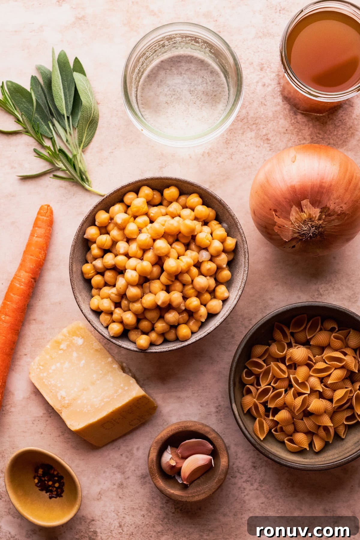 Pasta e Ceci Recipe: Classic Italian Pasta with Chickpeas 3 Ingredients for pasta e ceci soup arranged on a light background.
