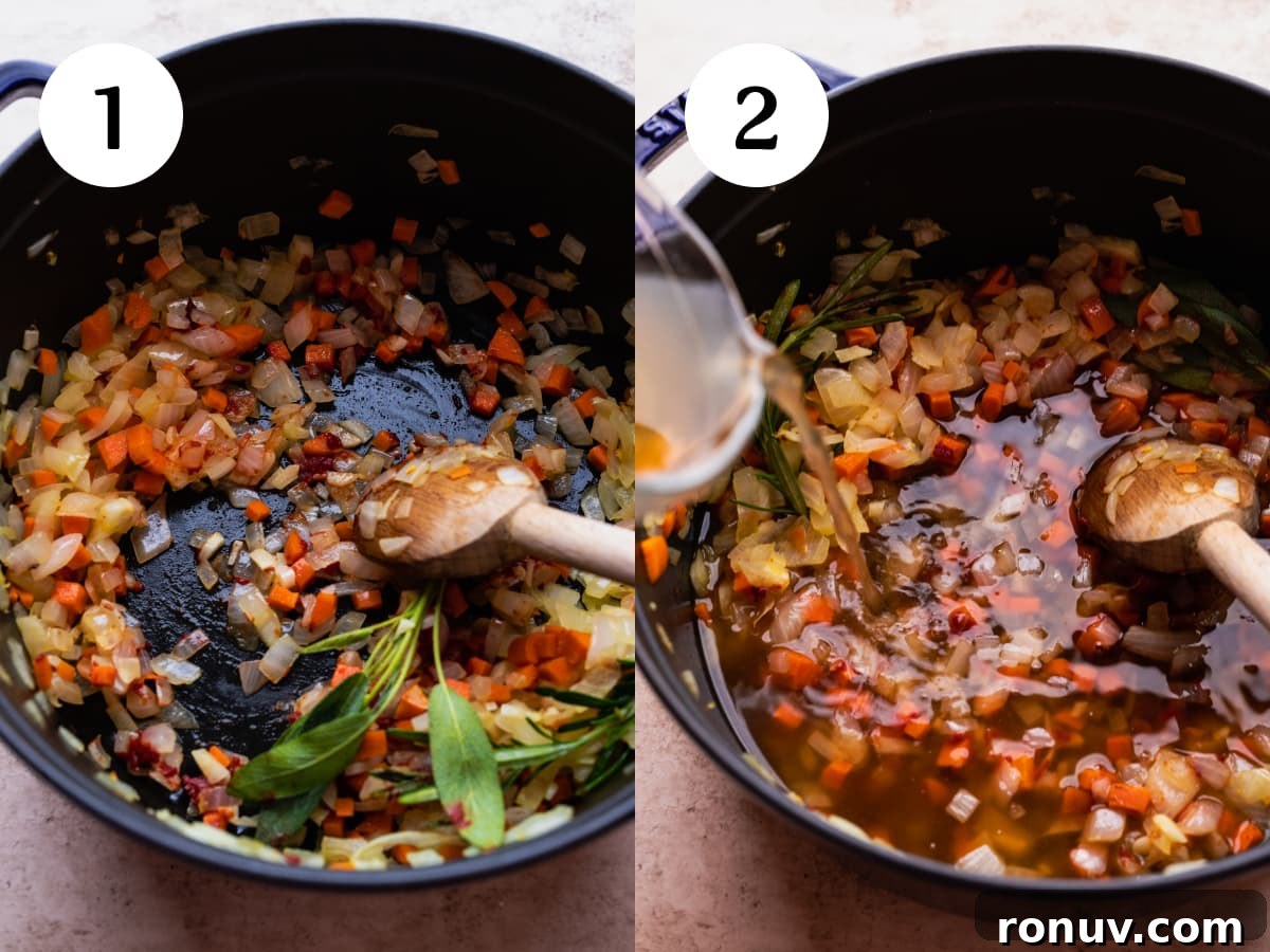 Pasta e Ceci Recipe: Classic Italian Pasta with Chickpeas 4 Two photos of instructions showing how to make pasta e ceci. The photos are labeled one and two.