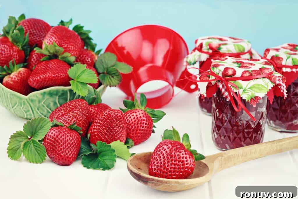 Water Bath Canning with Confidence 3 Strawberries, canning funnel, jars of jam and a wooden spoon
