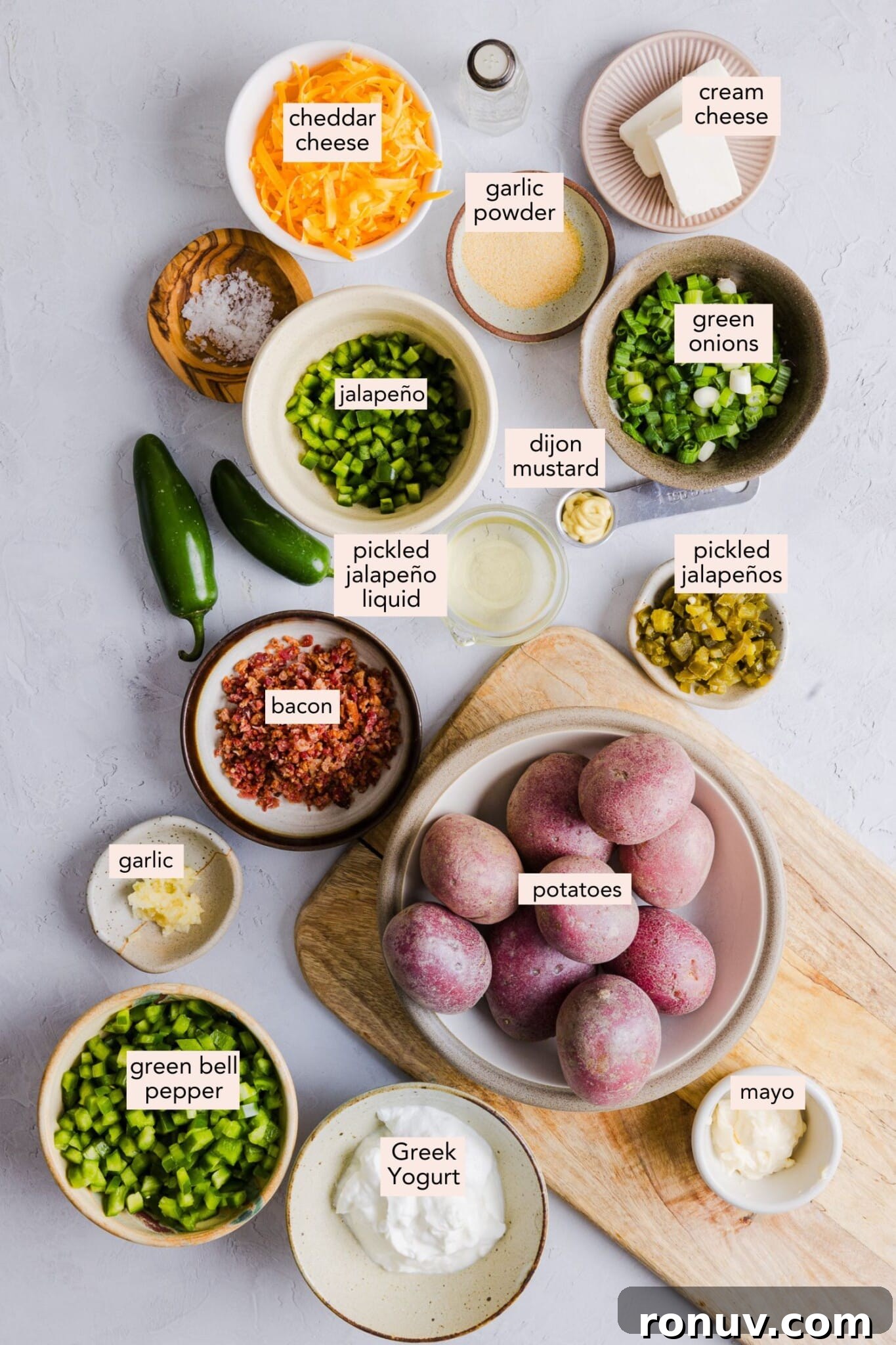 Creamy Jalapeño Popper Potato Salad with Bacon and Cheddar 3 Ingredients for jalapeño popper potato salad on a countertop with labels.