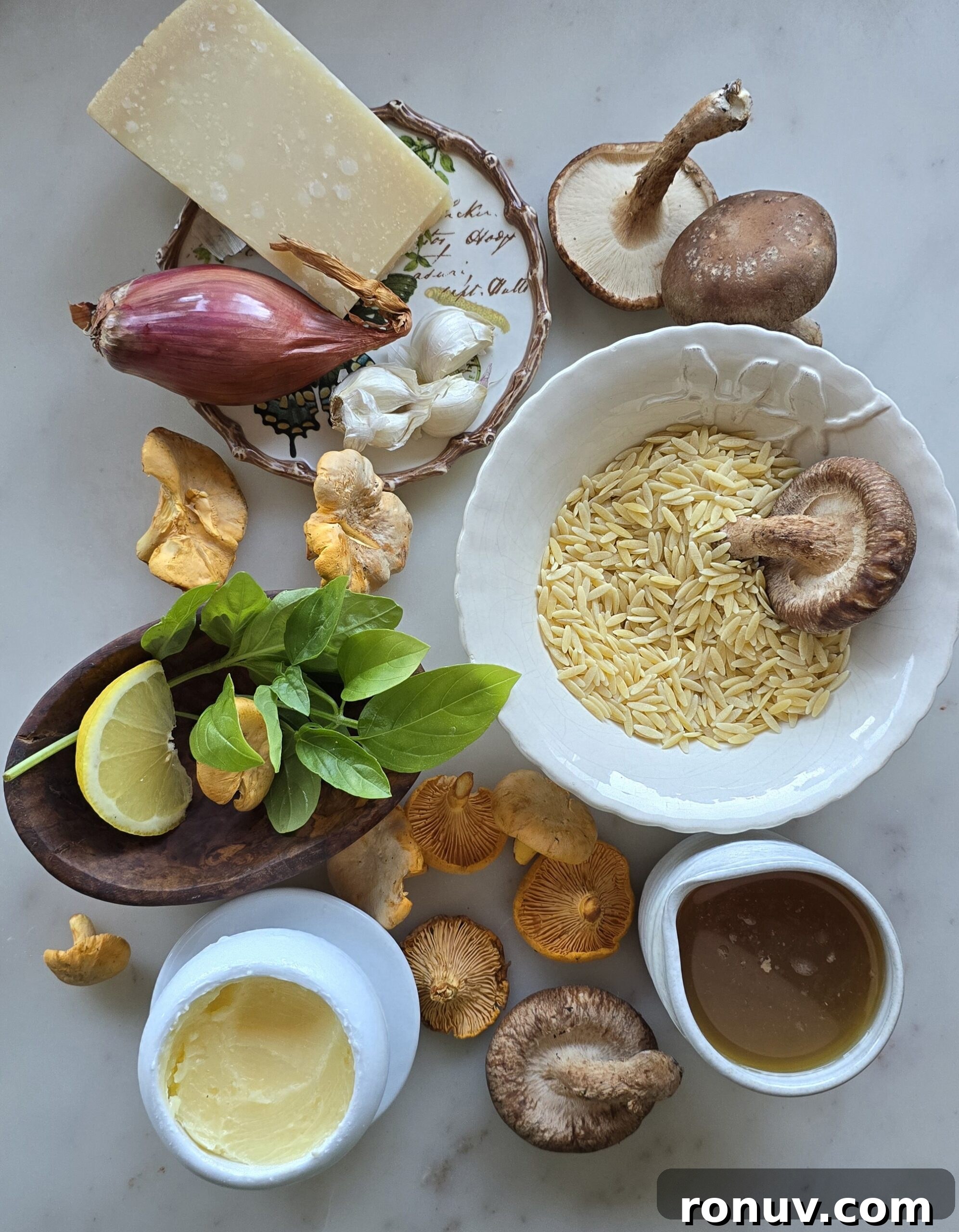 Brown Butter Mushroom Orzo with Crispy Sage 3 Ingredients needed to make Mushroom Orzo with Brown Butter Crispy Sage spread out on the counter.