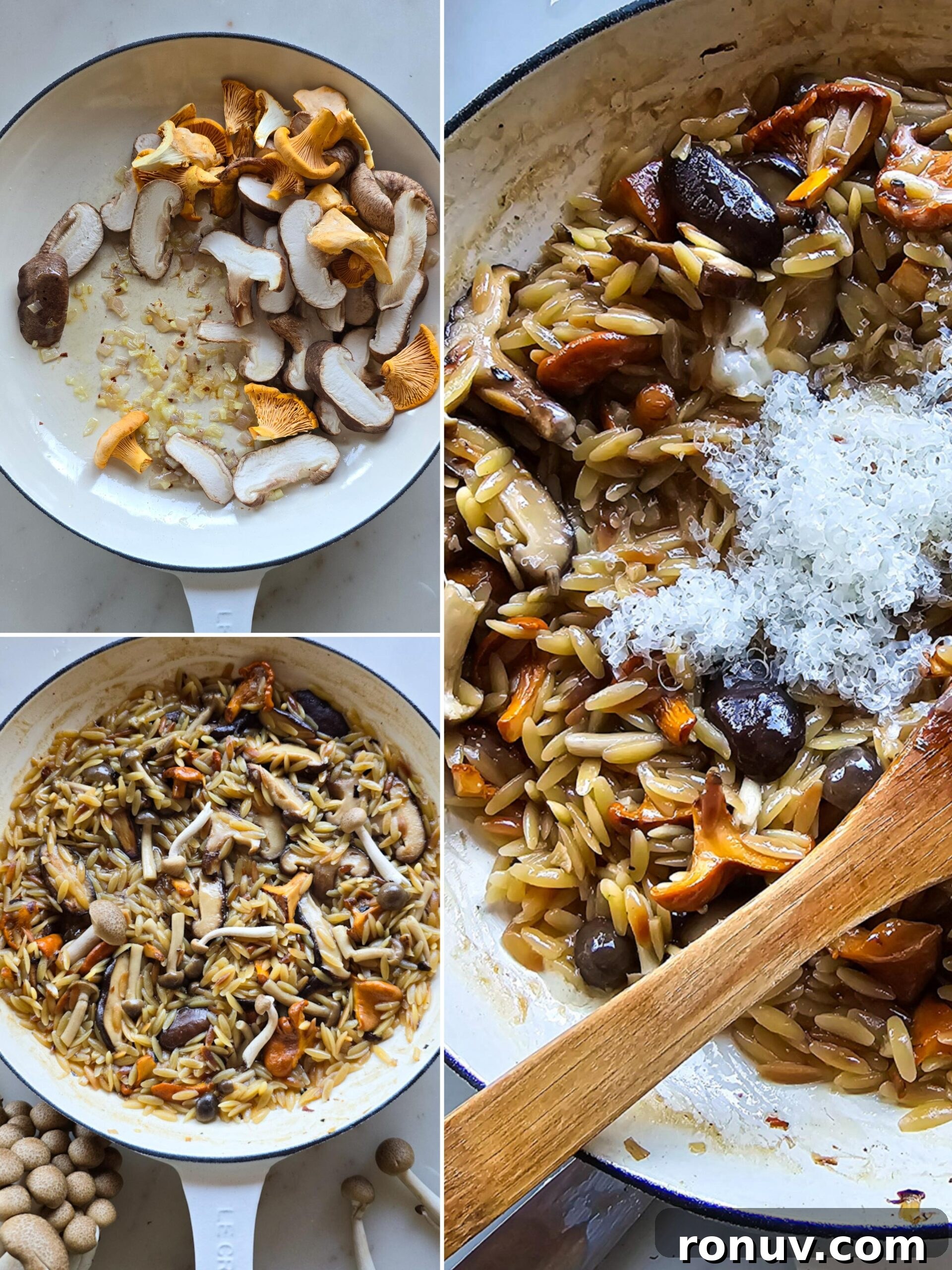 Brown Butter Mushroom Orzo with Crispy Sage 5 Collage showing how to prepare Mushroom Orzo with Brown Butter Crispy Sage.