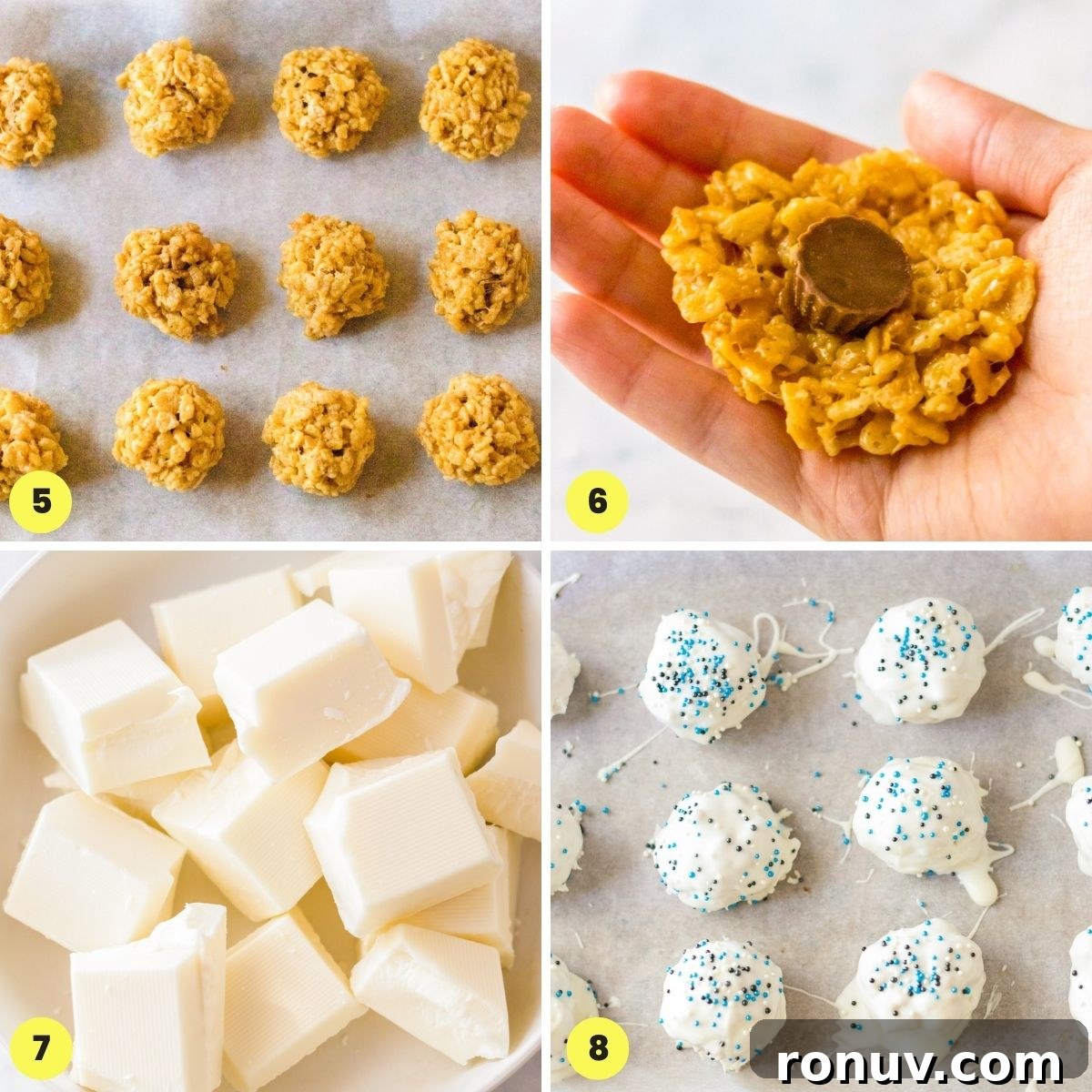 No-Bake Peanut Butter Snowballs Recipe 6 Collage of subsequent four pictures explaining how to make peanut butter balls.