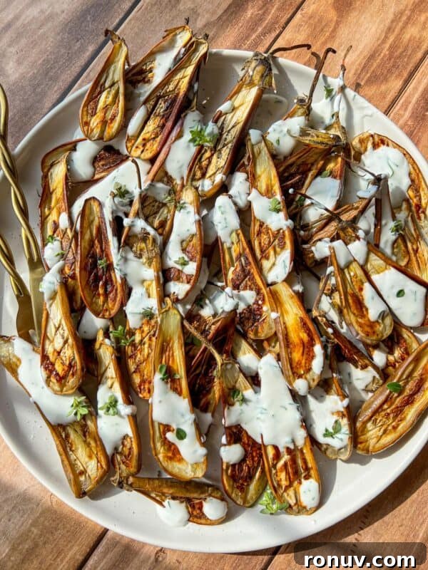 Roasted baby eggplants with yogurt sauce and chopped herbs on a white plate.
