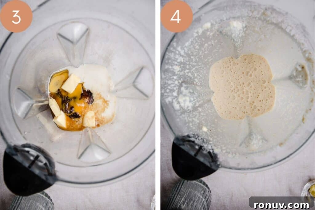 Fluffy Gluten-Free American Pancake Recipe 6 pancake ingredients in blender. before and after blending