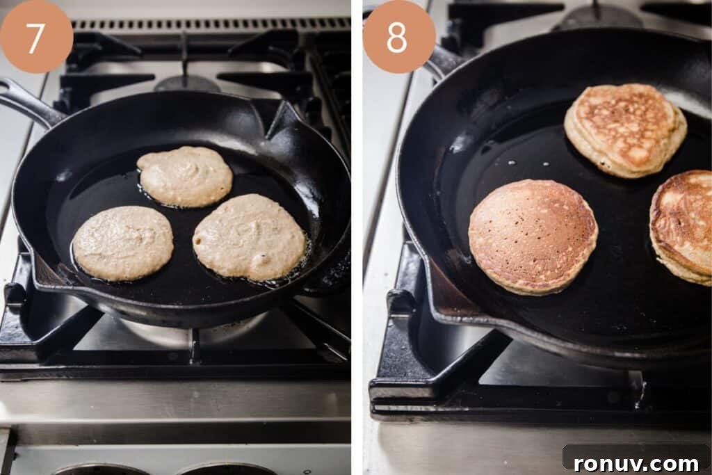 Fluffy Gluten-Free American Pancake Recipe 8 pancakes cooking in skillet