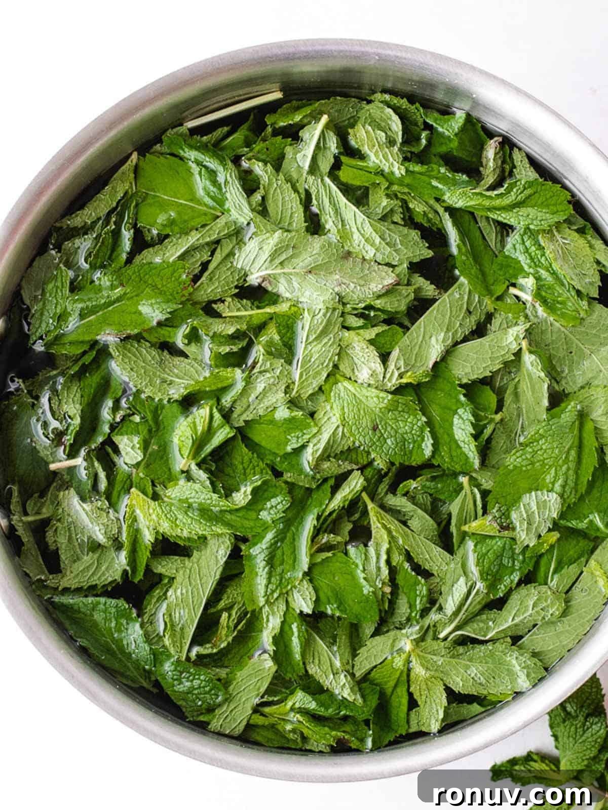 How to Brew Mint Tea with Tea Bags 4 A Large pot of fresh mint leaves submerged in hot water to make tea.