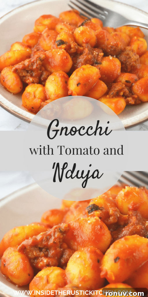 This Gnocchi with tomato and 'Nduja recipe is perfect way to warm up on these chilly evenings. It's super simple and extra comforting! www.insidetherustickitchen.com gnocchi-with-tomato-and-nduja-www-insidetherustickitchen-com-pin
