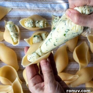 Ricotta-Stuffed Pasta Shells Recipe 11 A clear piping bag filling large pasta shells with ricotta and parsley mixture.