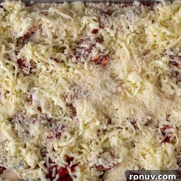 Ricotta-Stuffed Pasta Shells Recipe 13 Heavy layer of grated mozzarella and parmesan cheeses over pasta shells.