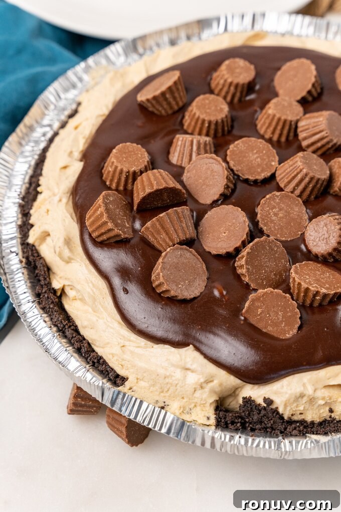 No Bake Chocolate Peanut Butter Pie Recipe 5 Close up of peanut butter and chocolate layers