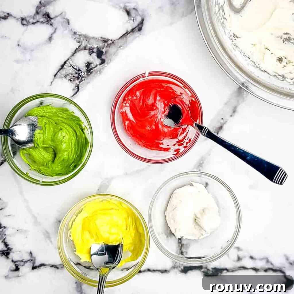 Air Fryer Sugar Cookies Recipe: Soft, Quick Homemade Treat 8 Different colors of icing in small glass bowls.