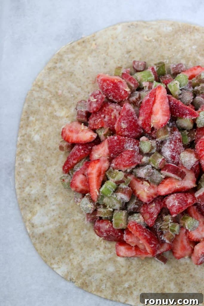 Rustic Strawberry Rhubarb Galette with Rye Crust 6 Galette dough topped with strawberries, rhubarb and sugar