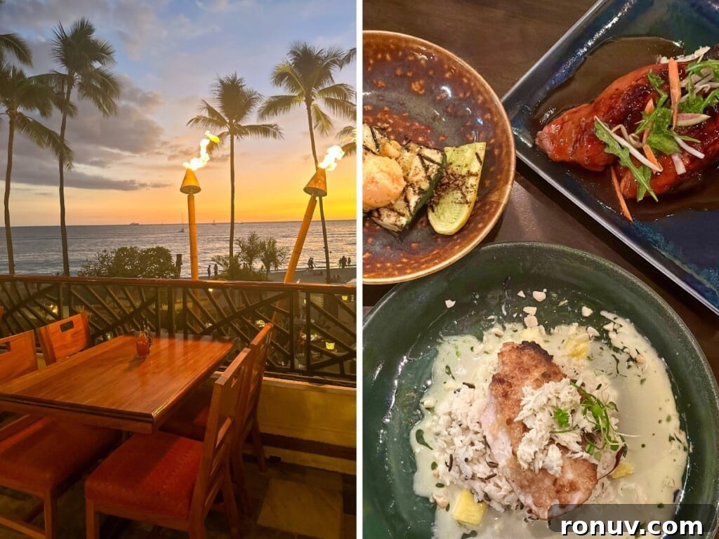 10 Must-Try Waikiki Dinner Spots 11 The sunset view from the lanai (balcony) and a delicious meal including zucchini, mahi mahi and chicken at Hula Grill Waikiki.
