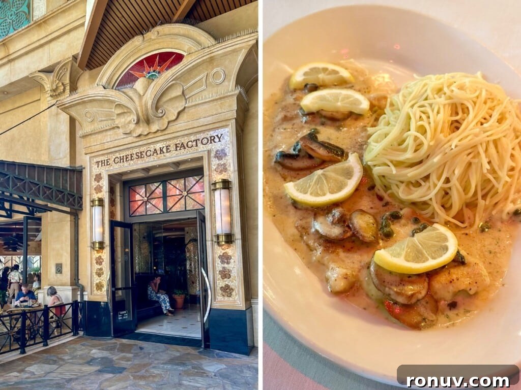 10 Must-Try Waikiki Dinner Spots 12 The façade of The Cheesecake Factory in Waikīkī and Chicken Piccata, one of their specialties.